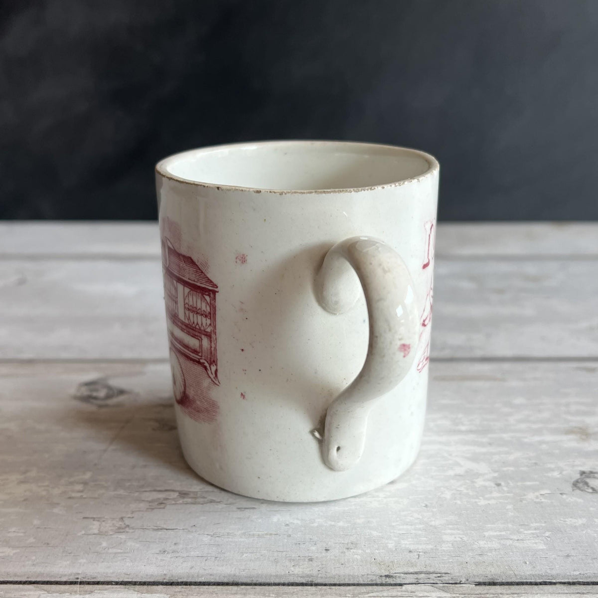 Antique 1850s Childs Alphabet Mug Red Transferware Owl & Nest