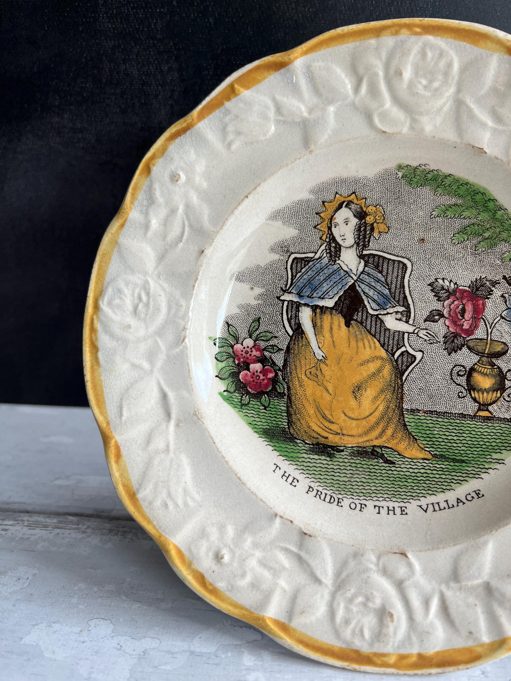Rare Childrens Plate Pride Of The Village Floral Girl Gardening Nurseryware English C 1830