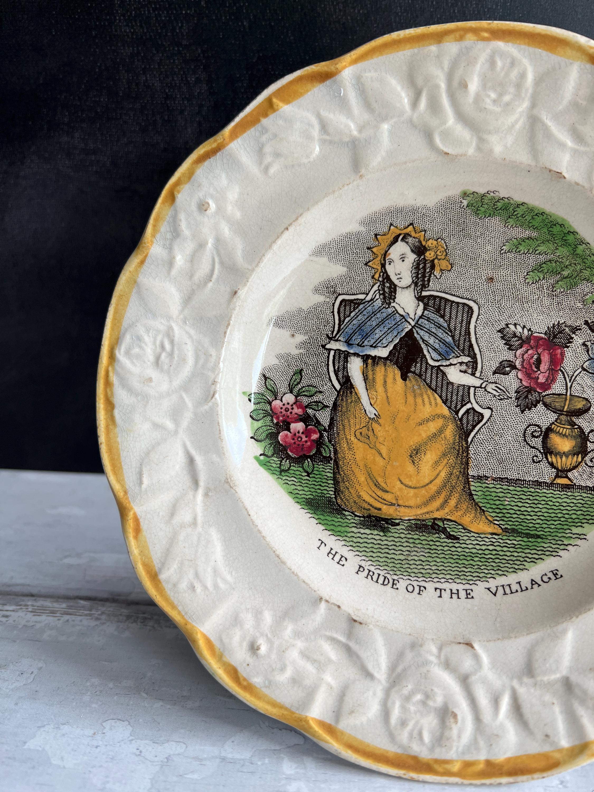 Rare Childrens Plate Pride Of The Village Floral Girl Gardening Nurseryware English C 1830
