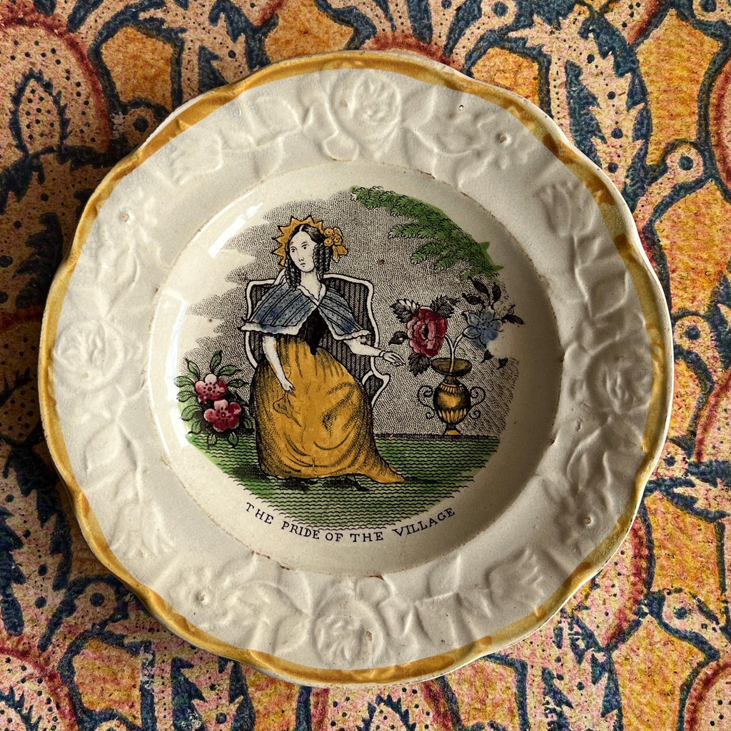 Rare Childrens Plate Pride Of The Village Floral Girl Gardening Nurseryware English C 1830
