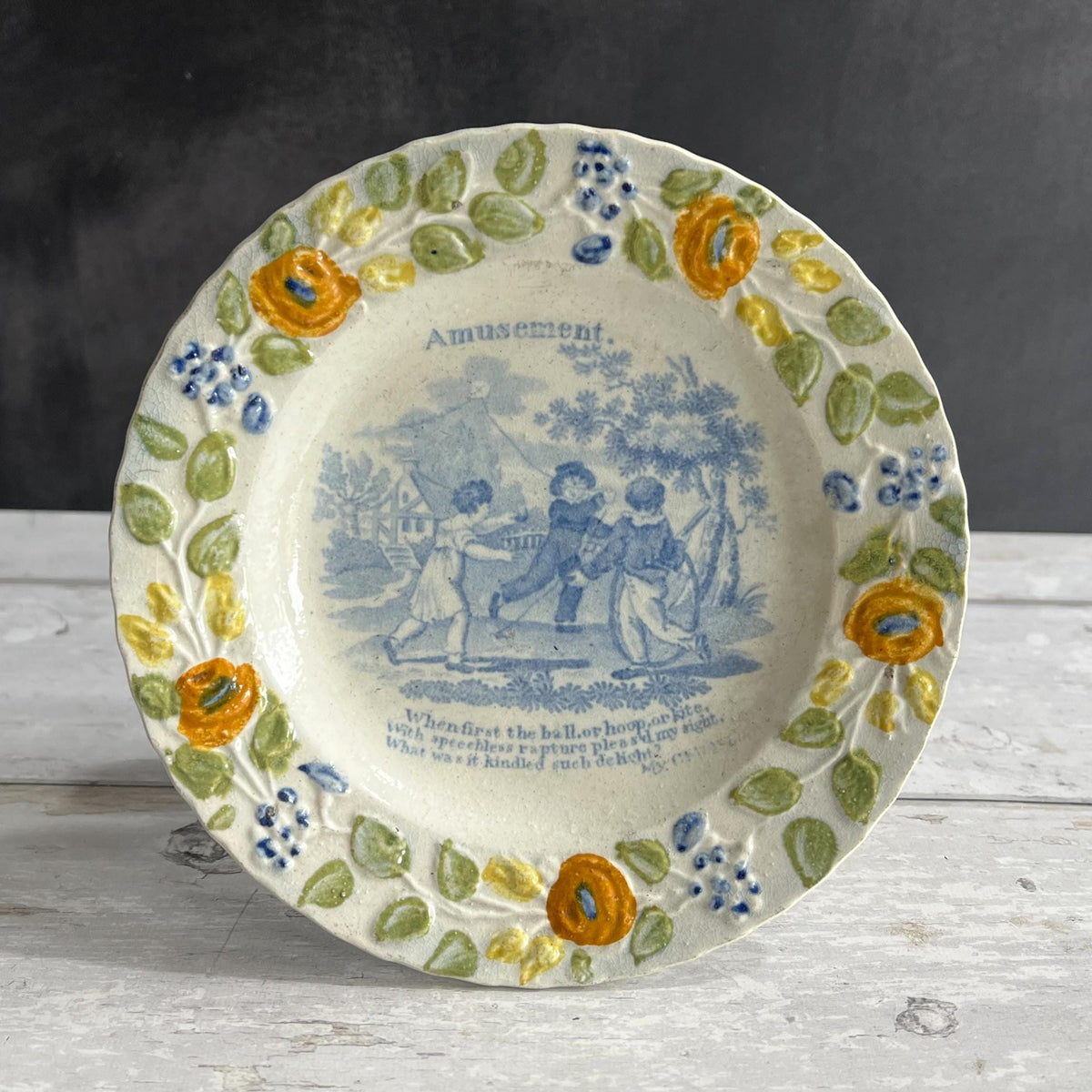 Antique Nursery Ware Plate 1820s English Pearlware Blue & White Children's Scene