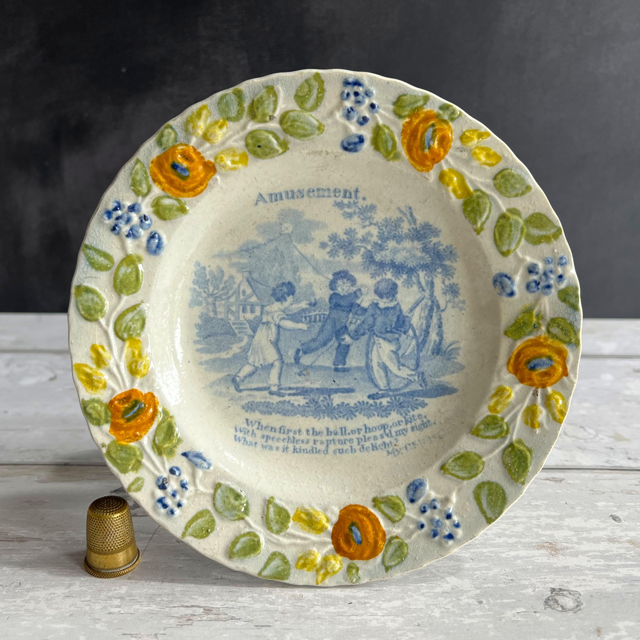 Antique Nursery Ware Plate 1820s English Pearlware Blue & White Children's Scene