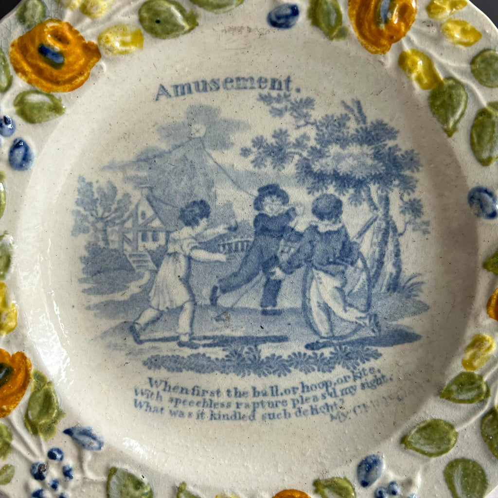 Antique Nursery Ware Plate 1820s English Pearlware Blue & White Children's Scene