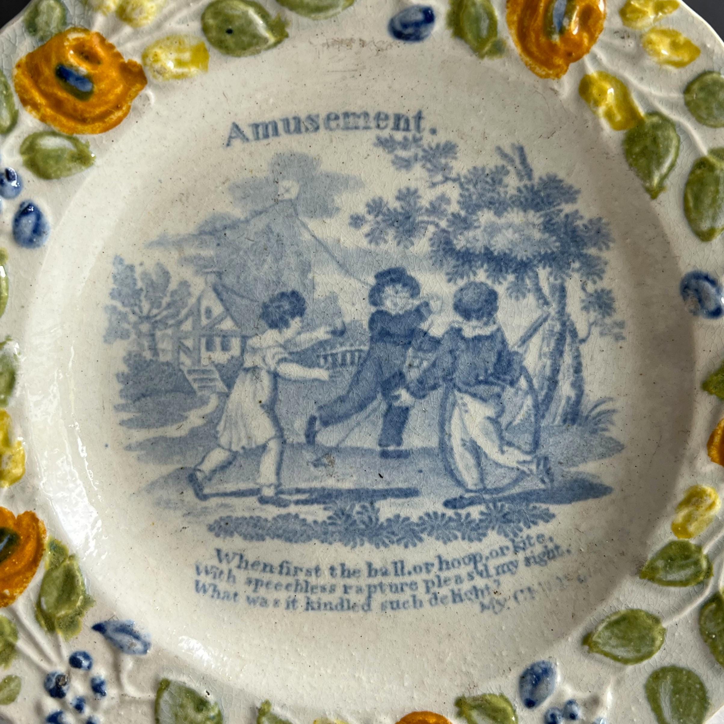 Antique Nursery Ware Plate 1820s English Pearlware Blue & White Children's Scene