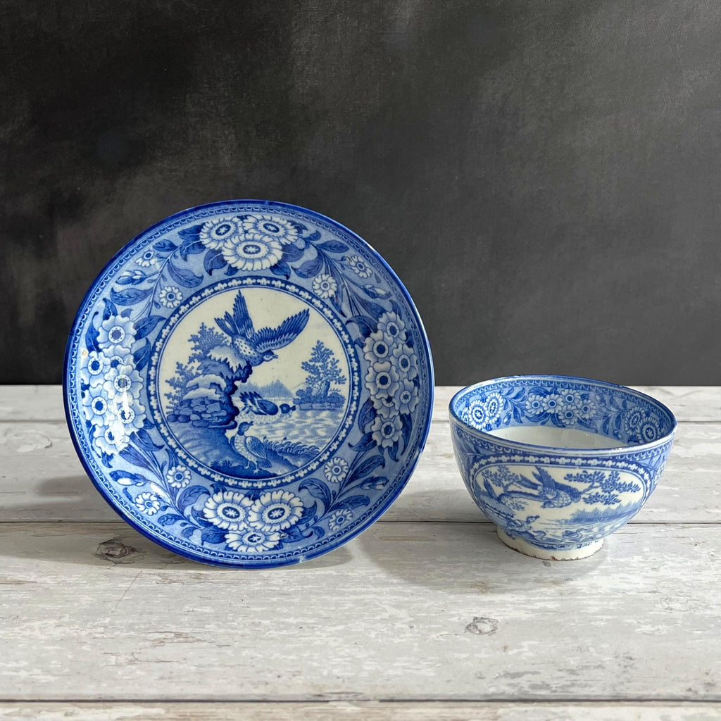 Antique 1820s English Pearlware Tea Bowl and Saucer, Blue Willow Bird Design