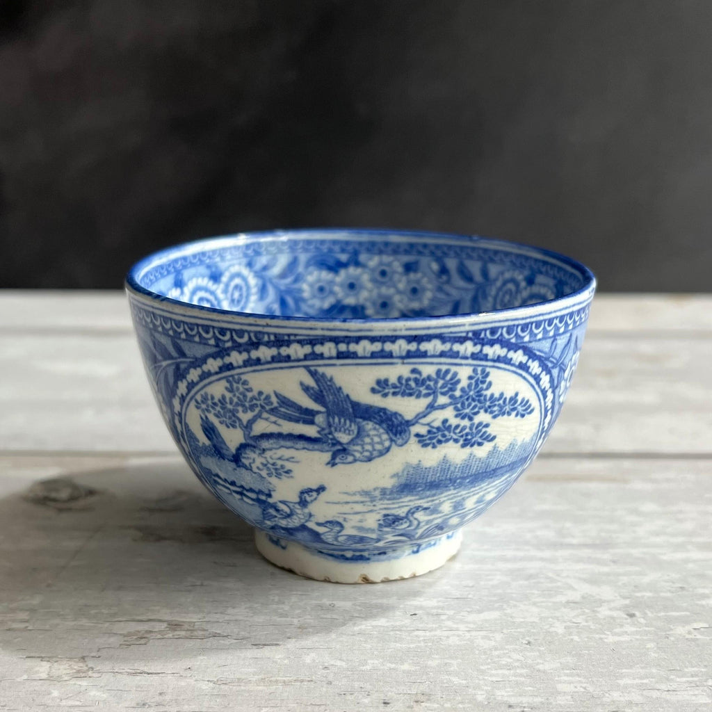 Antique 1820s English Pearlware Tea Bowl and Saucer, Blue Willow Bird Design