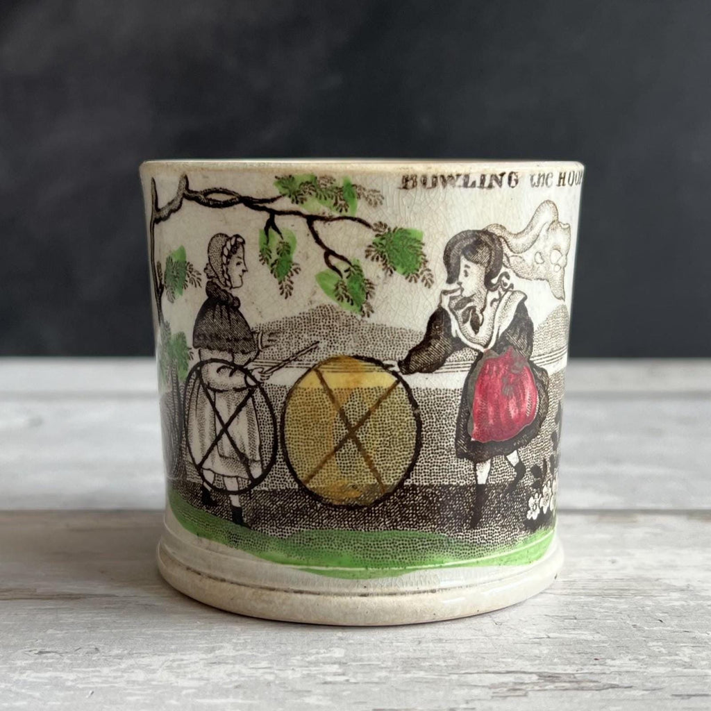 19th Century Rare Childs Mug Bowling The Hoop Childhood Game English C 1840