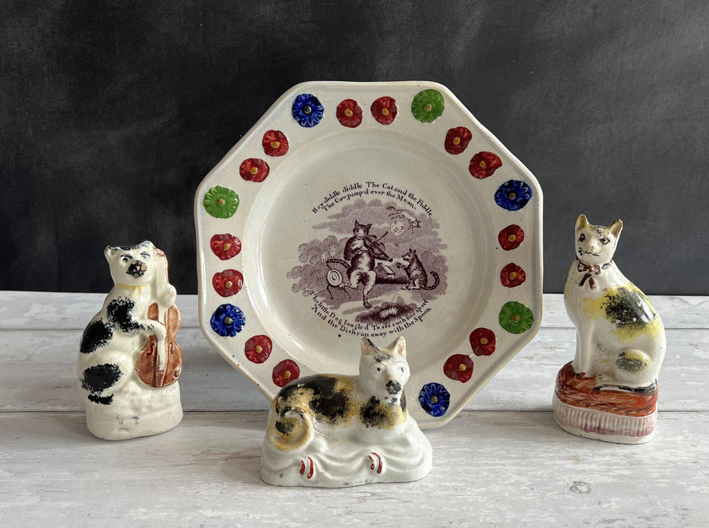 Antique 1830s Childs Nursery Ware Plate Hey Diddle Diddle Cat & Fiddle