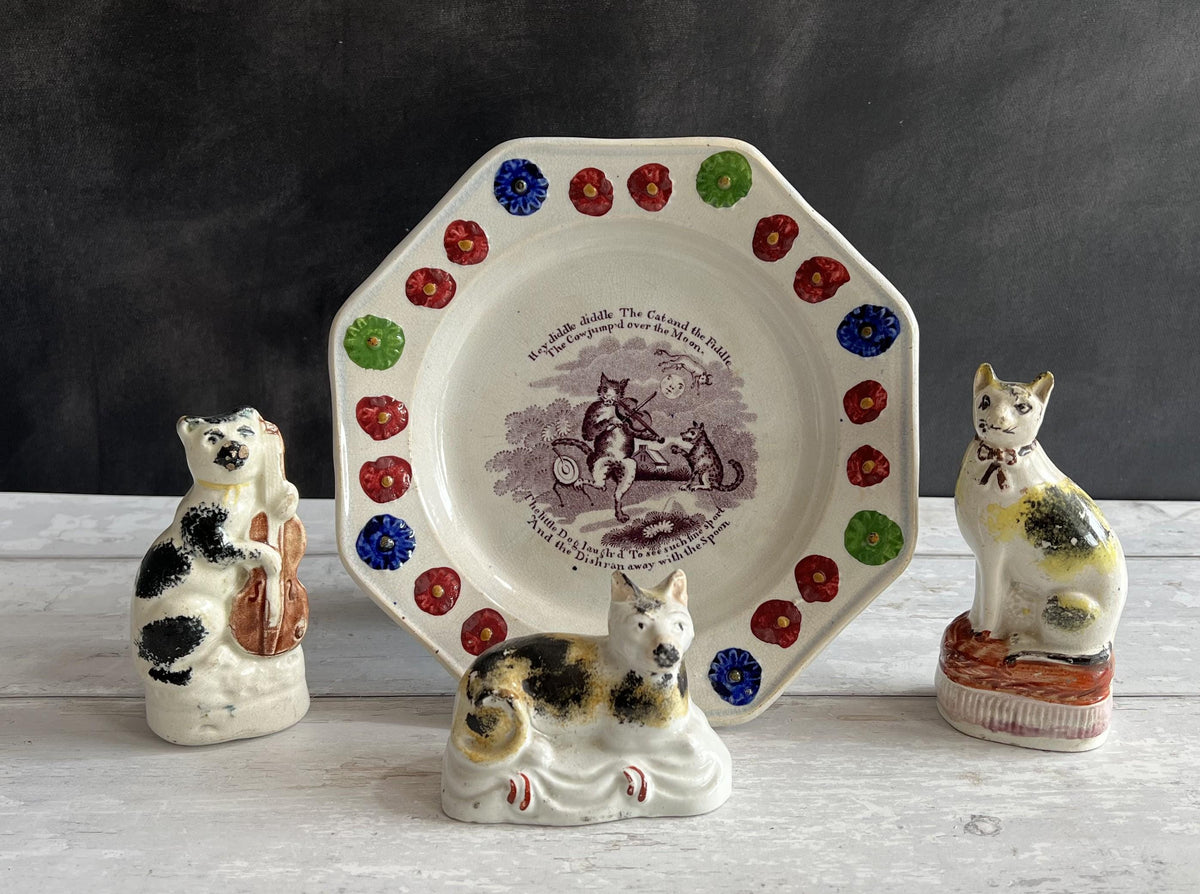 Antique 1830s Childs Nursery Ware Plate Hey Diddle Diddle Cat & Fiddle