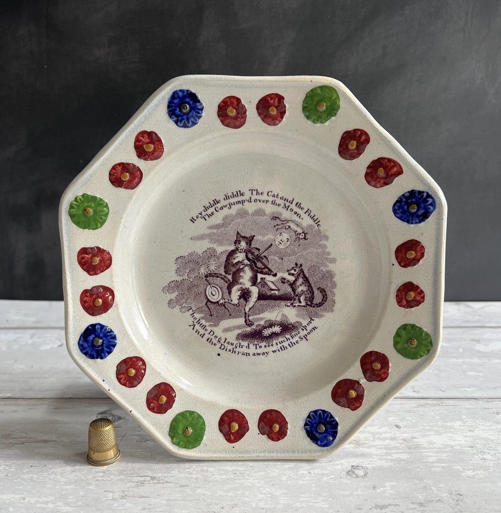 Antique 1830s Childs Nursery Ware Plate Hey Diddle Diddle Cat & Fiddle
