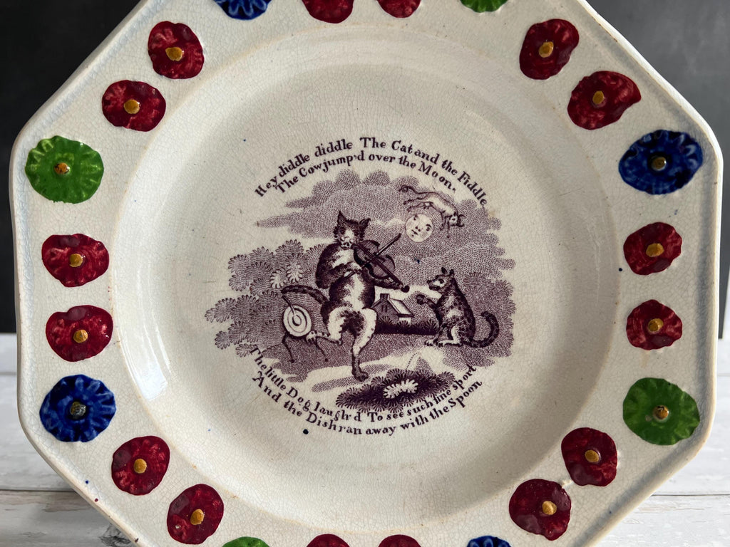 Antique 1830s Childs Nursery Ware Plate Hey Diddle Diddle Cat & Fiddle
