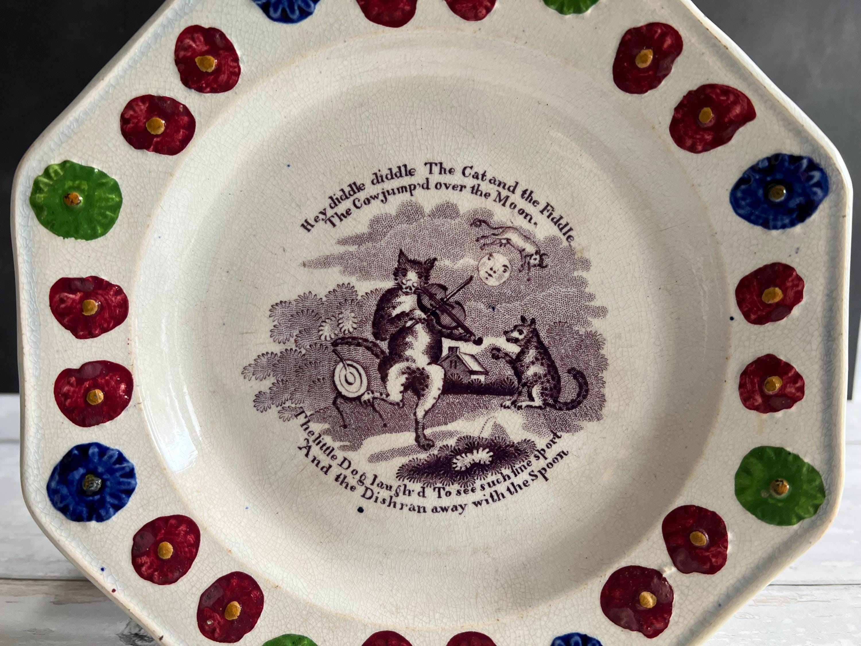 Antique 1830s Childs Nursery Ware Plate Hey Diddle Diddle Cat & Fiddle
