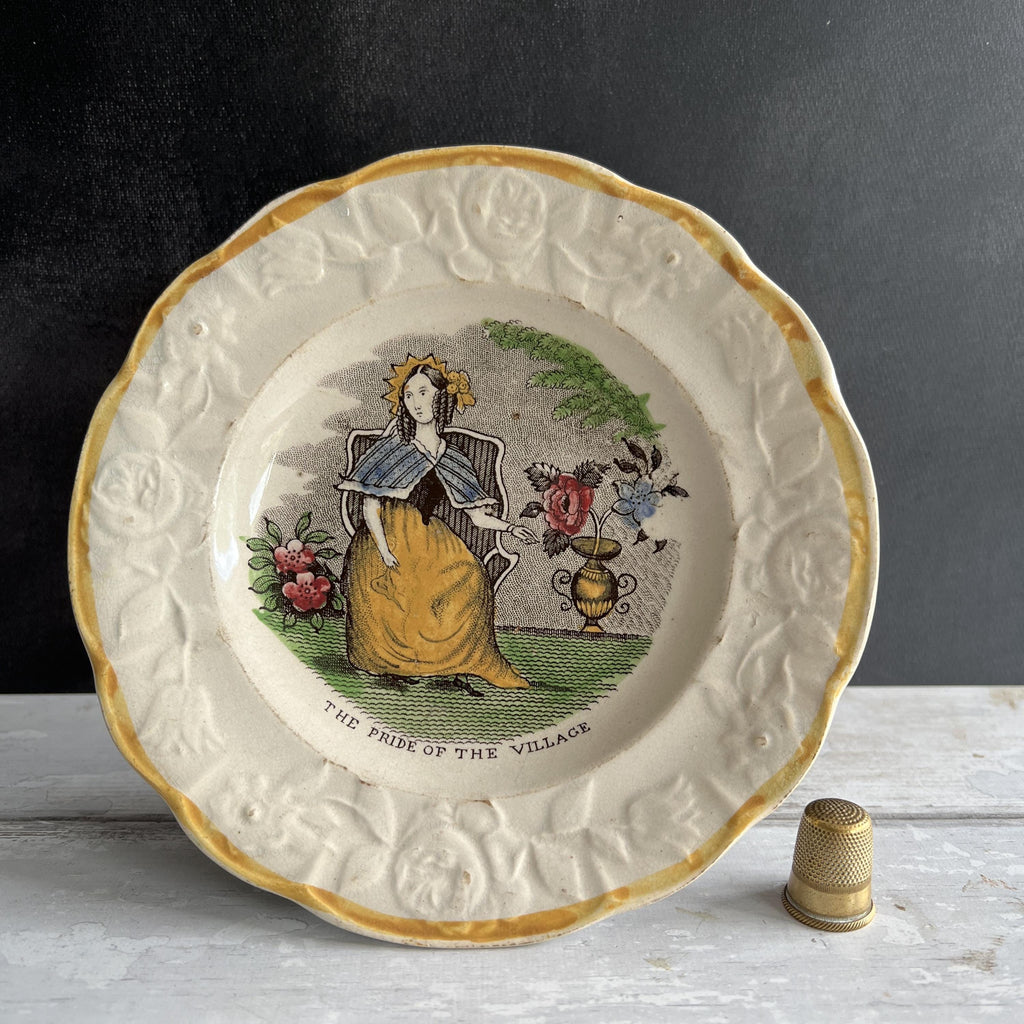 Rare Childrens Plate Pride Of The Village Floral Girl Gardening Nurseryware English C 1830