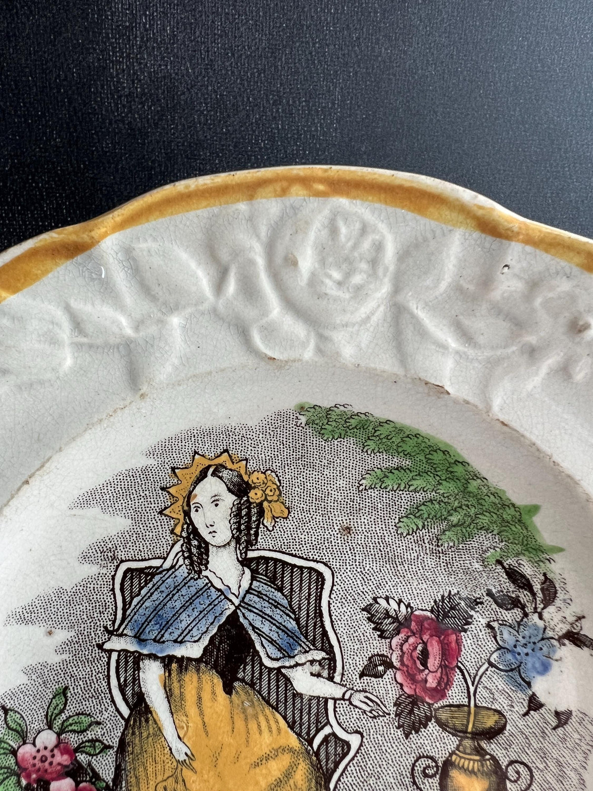 Rare Childrens Plate Pride Of The Village Floral Girl Gardening Nurseryware English C 1830