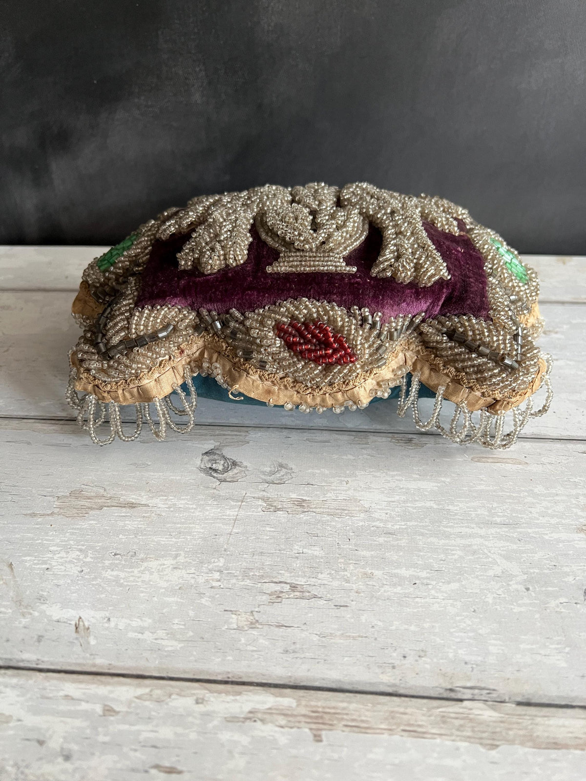 19th Century Iroquois Beadwork Pincushion Love Birds on Velvet