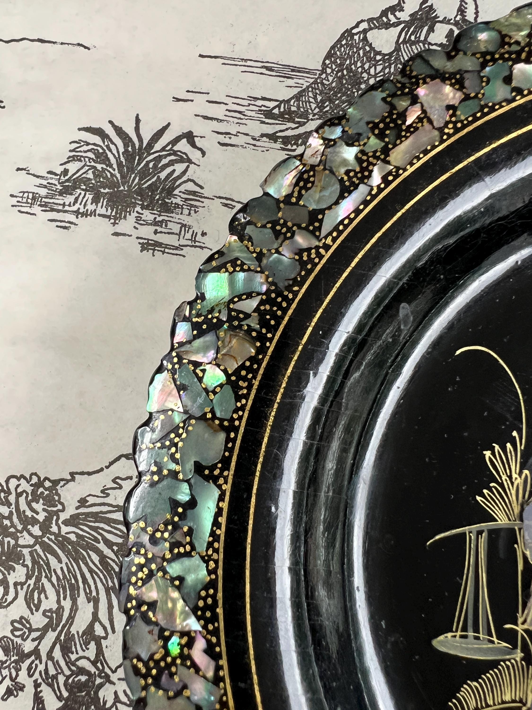 Antique Papier Mache Plates Mother of Pearl Inlaid Chinoiserie Art Nouveau