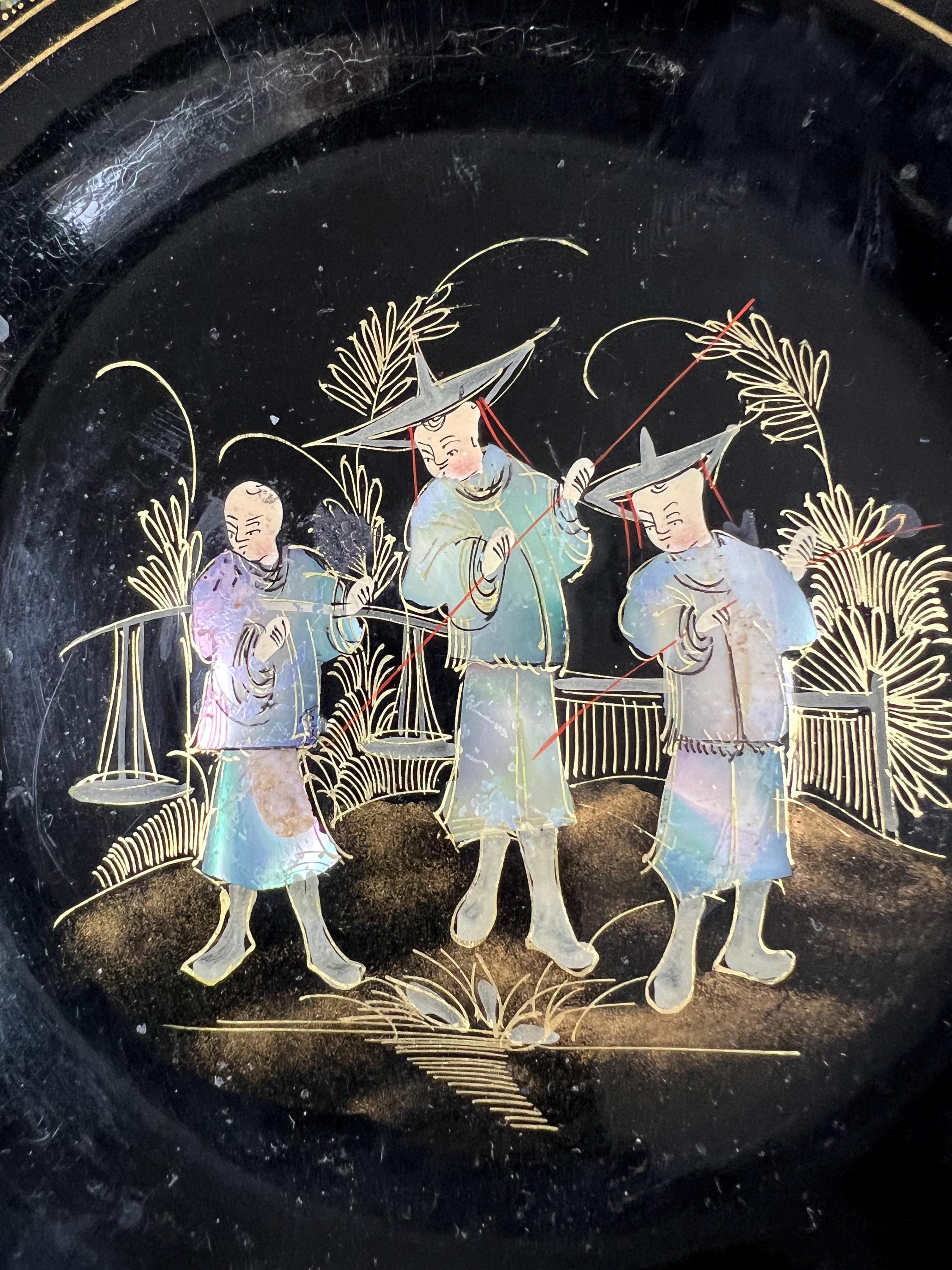 Antique Papier Mache Plates Mother of Pearl Inlaid Chinoiserie Art Nouveau