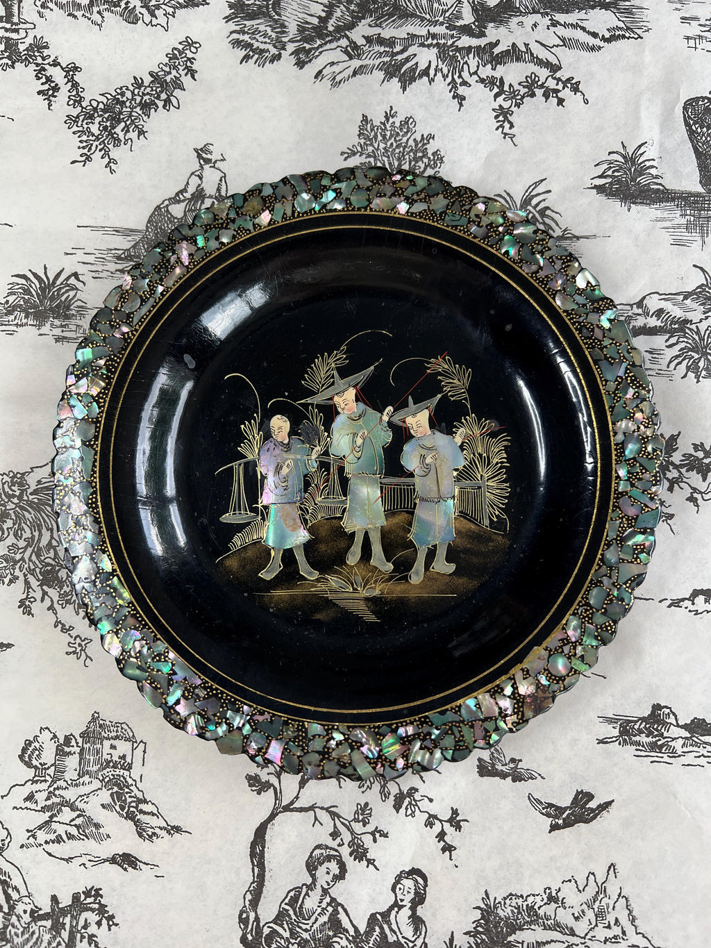 Antique Papier Mache Plates Mother of Pearl Inlaid Chinoiserie Art Nouveau