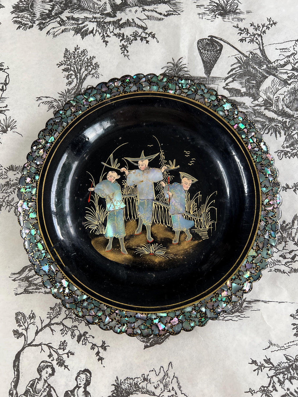 Antique Papier Mache Plates Mother of Pearl Inlaid Chinoiserie Art Nouveau