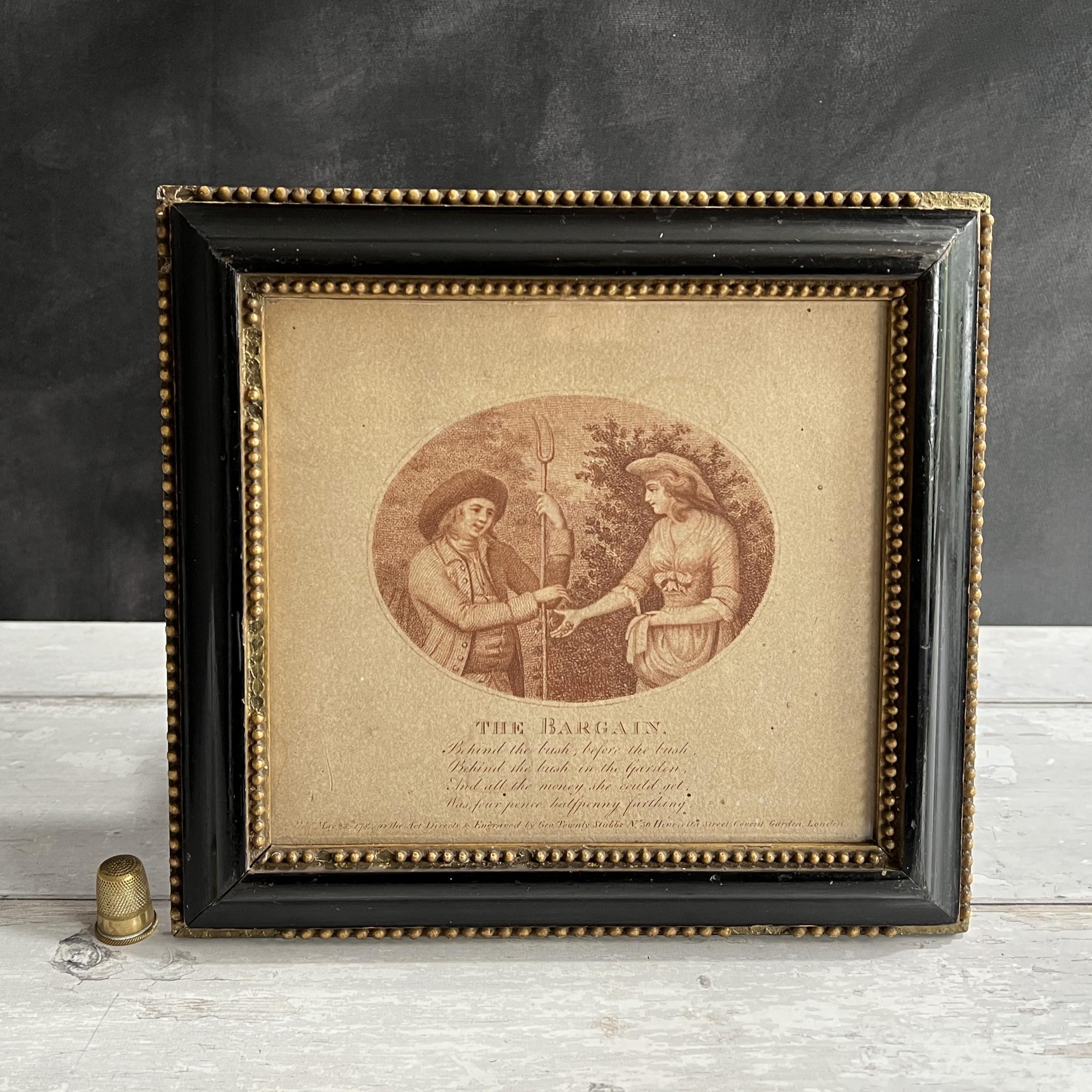 RARE 18th Century Engraving The Bargain Rural Lovers George Townley Stubbs 1798