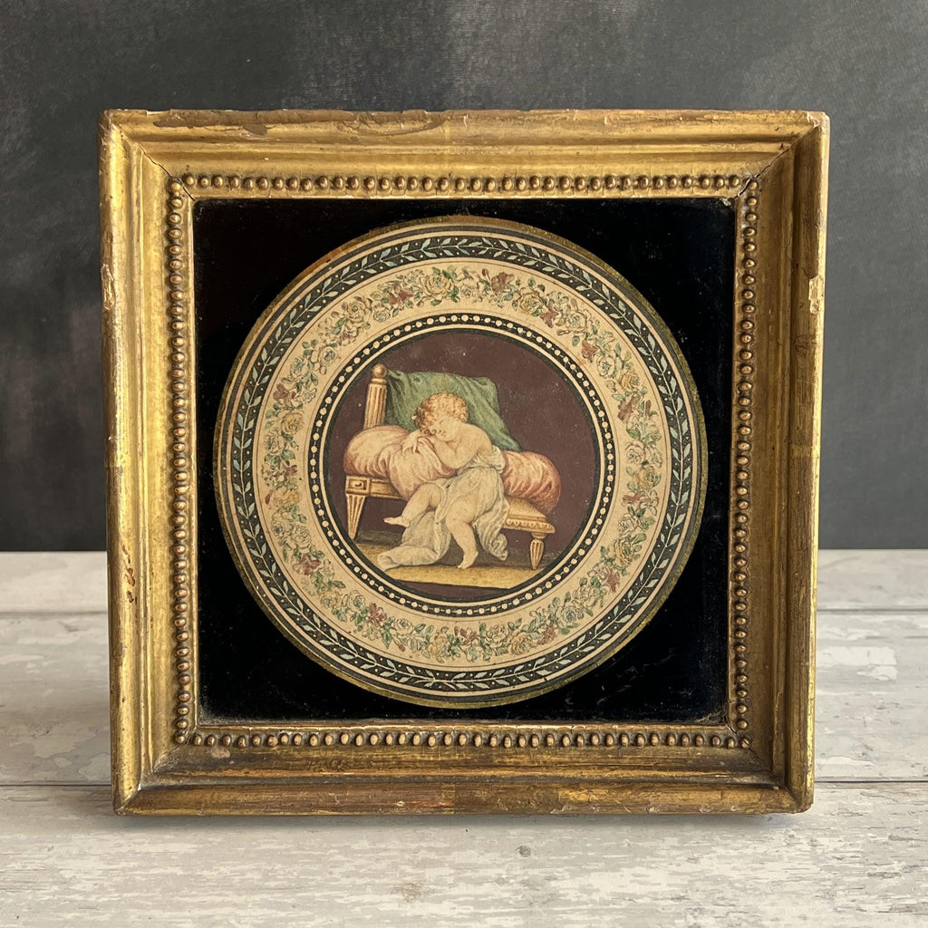 18th Century Classical Engraving Sleeping Child Gilt Frame 1794