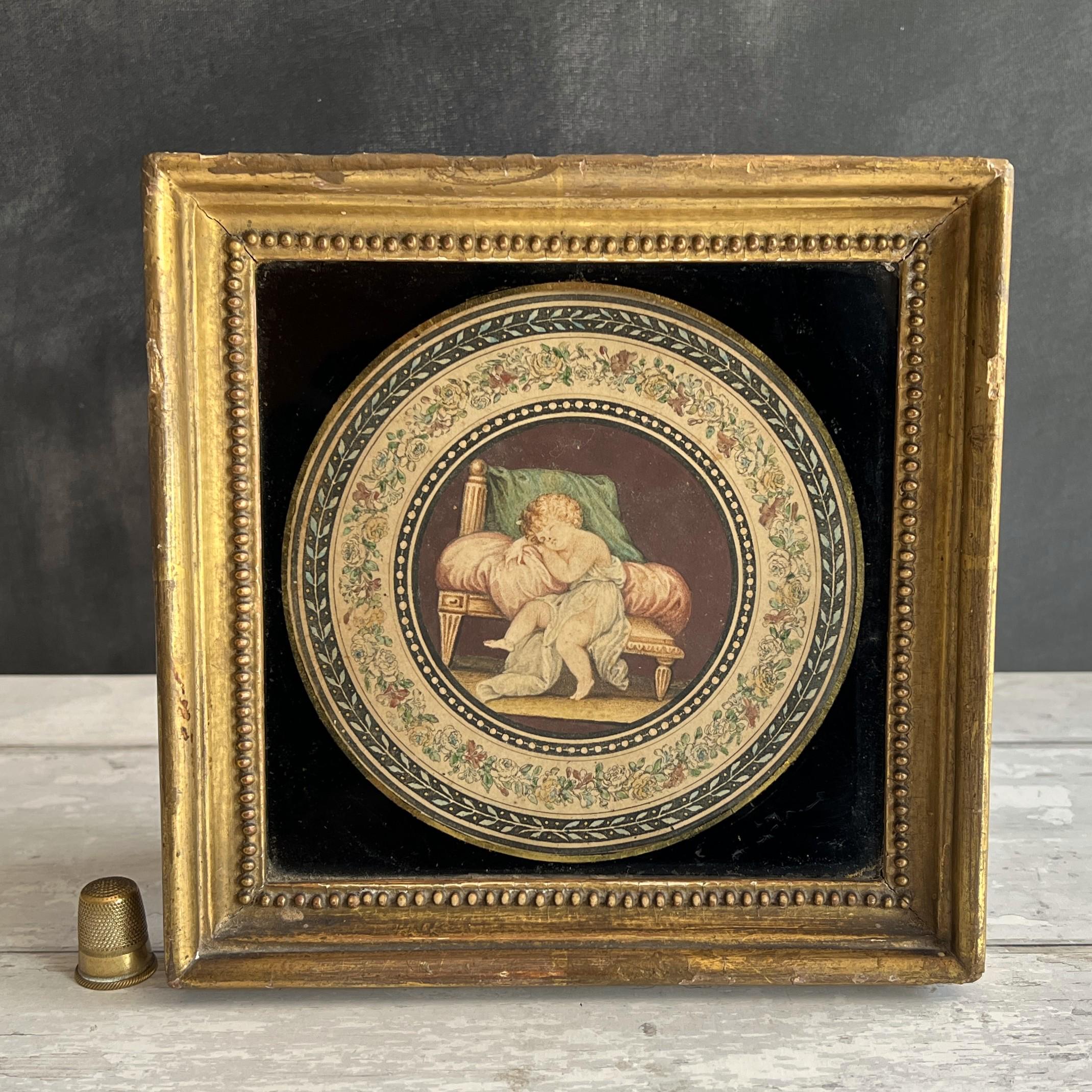 18th Century Classical Engraving Sleeping Child Gilt Frame 1794