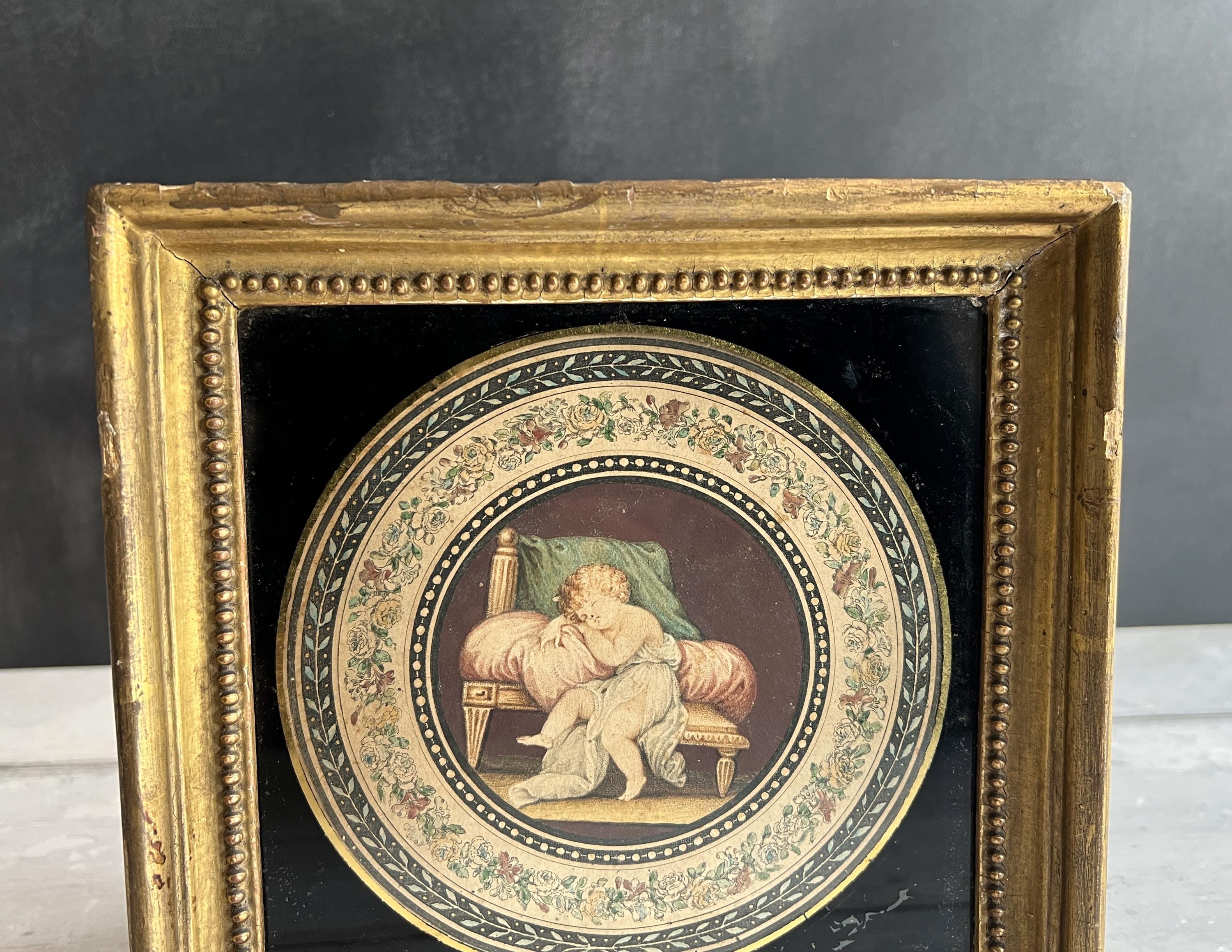 18th Century Classical Engraving Sleeping Child Gilt Frame 1794