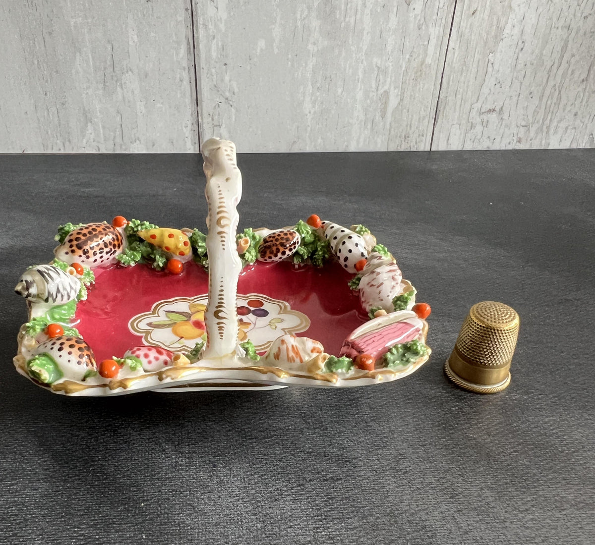 Chamberlain’s Worcester Miniature Basket Containing Seashell Shells and Fruit English Circa 1820 AF