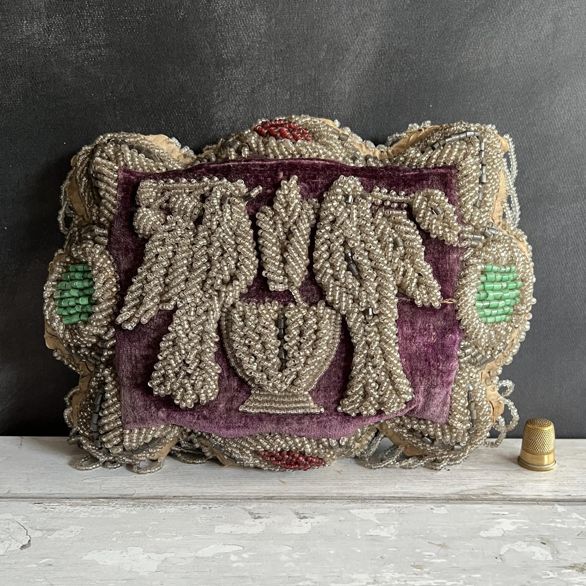 19th Century Iroquois Beadwork Pincushion Love Birds on Velvet
