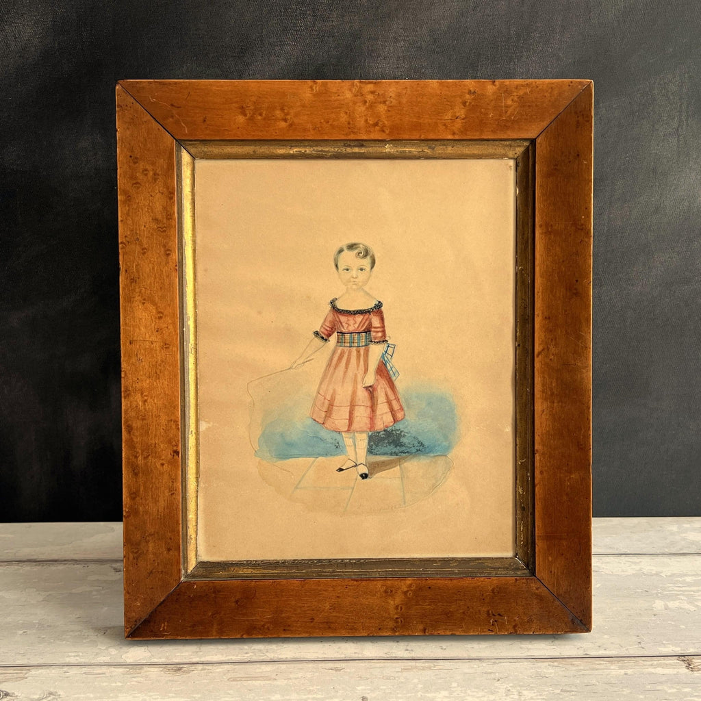 19th Century Folk Art Painting Watercolor Child Tartan Sash and Riding Crop Dated 1843