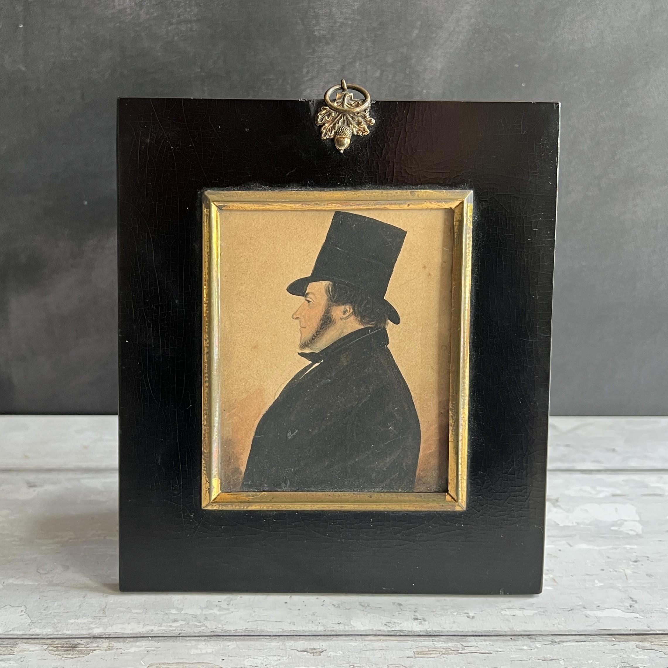 19th Century Portrait Miniature Gentleman In Top Hat C 1820