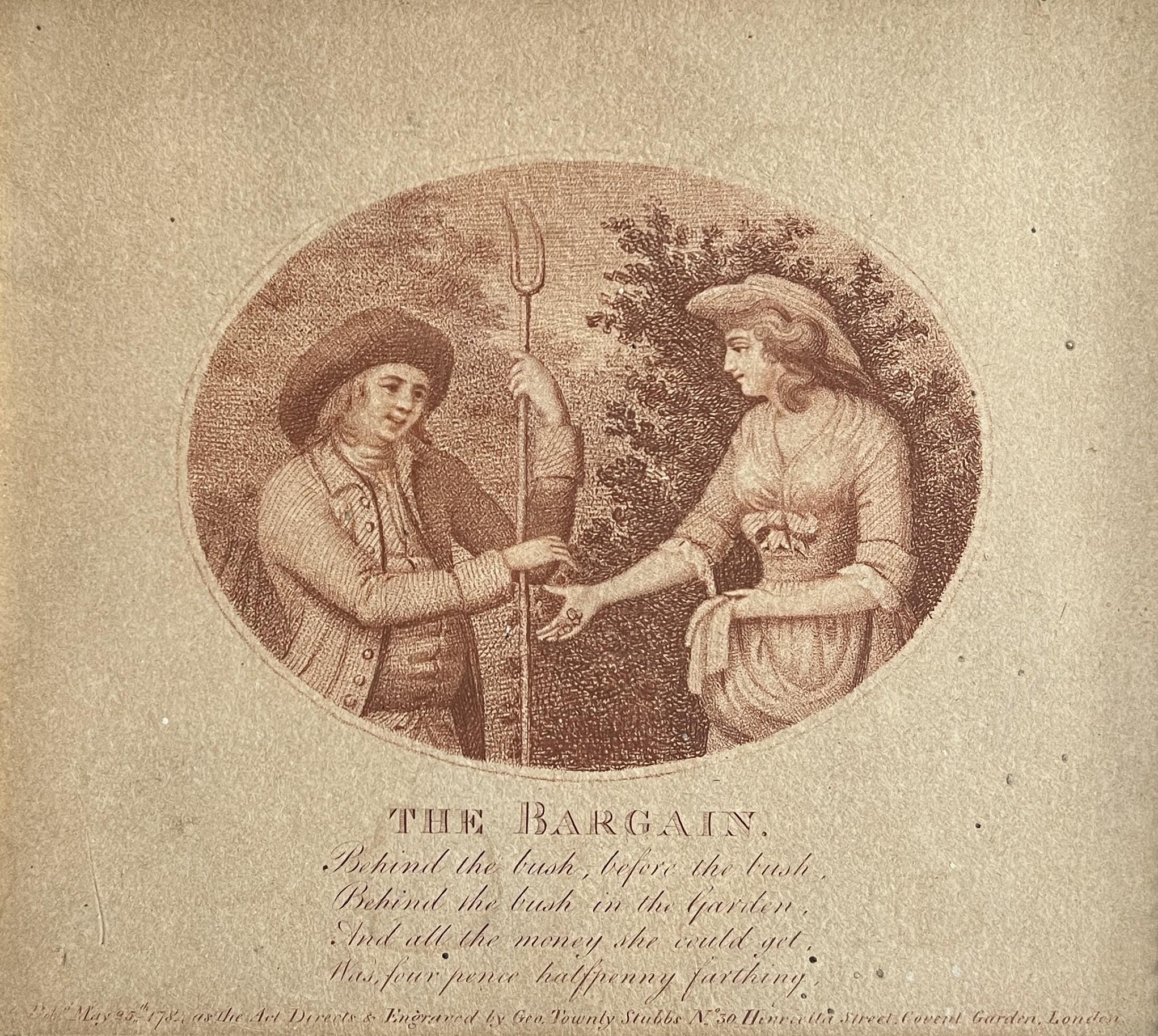 RARE 18th Century Engraving The Bargain Rural Lovers George Townley Stubbs 1798