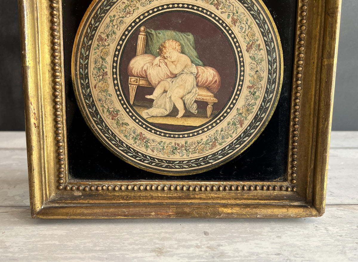18th Century Classical Engraving Sleeping Child Gilt Frame 1794