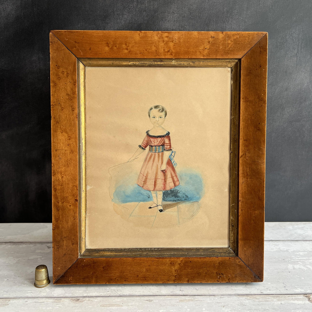 19th Century Folk Art Painting Watercolor Child Tartan Sash and Riding Crop Dated 1843