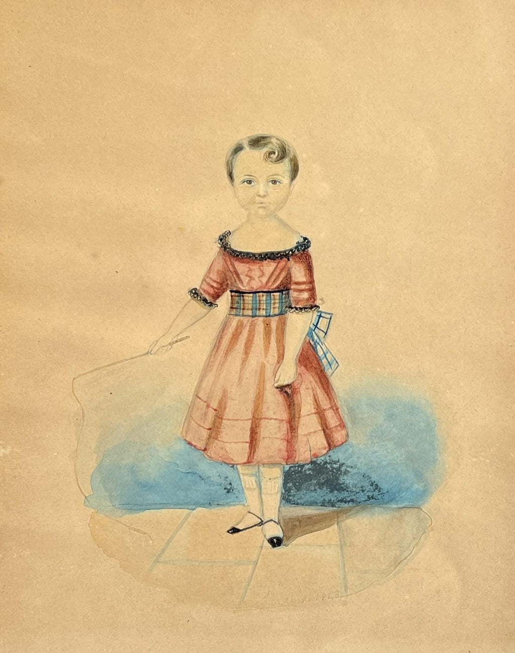 19th Century Folk Art Painting Watercolor Child Tartan Sash and Riding Crop Dated 1843