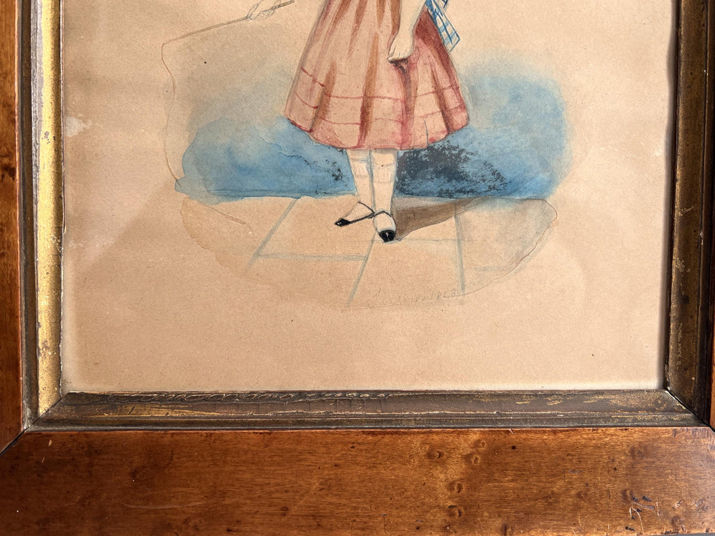 19th Century Folk Art Painting Watercolor Child Tartan Sash and Riding Crop Dated 1843