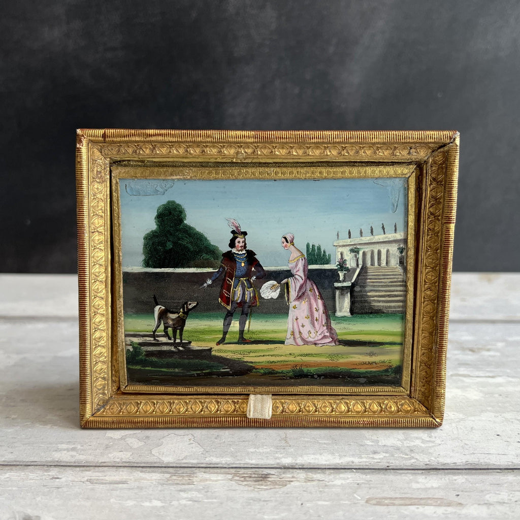 Antique Georgian Bonbon Box Hand Coloured Couple & Dog Scene C 1820