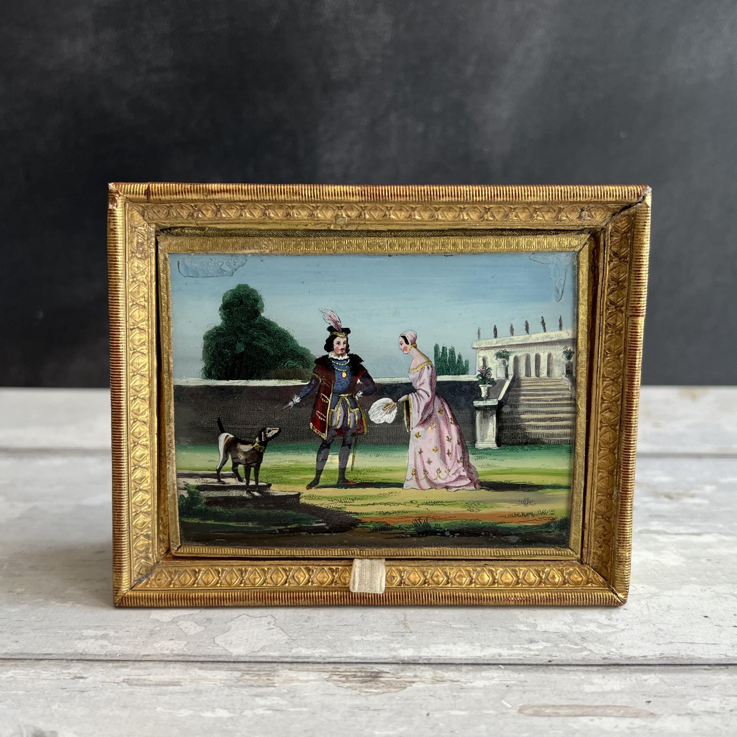 Antique Georgian Bonbon Box Hand Coloured Couple & Dog Scene C 1820