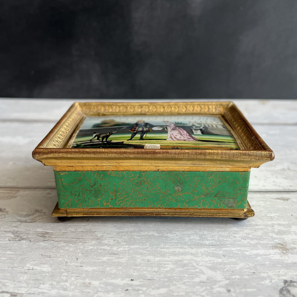 Antique Georgian Bonbon Box Hand Coloured Couple & Dog Scene C 1820