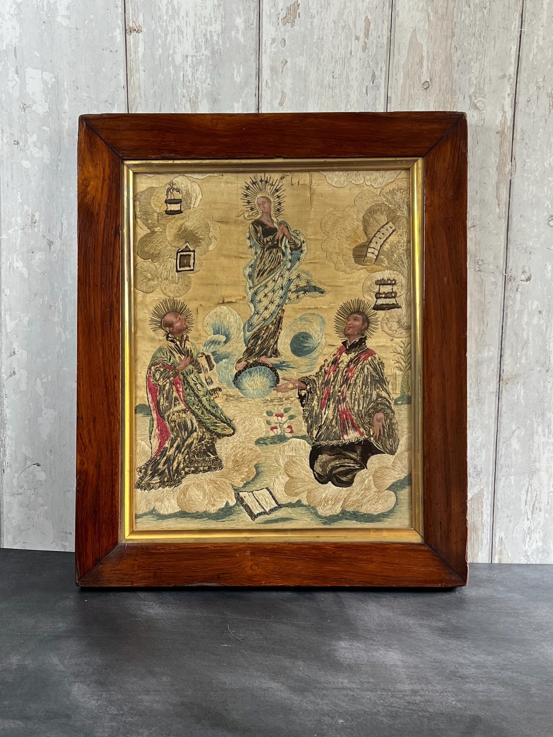 Antique 18th Century Silkwork Embroidery Needlework Circa 1740 Luxury Religious Gift Catholic