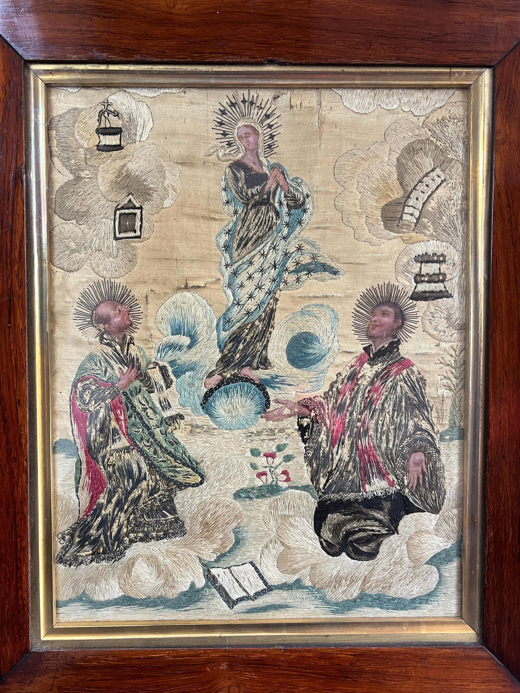 Antique 18th Century Silkwork Embroidery Needlework Circa 1740 Luxury Religious Gift Catholic
