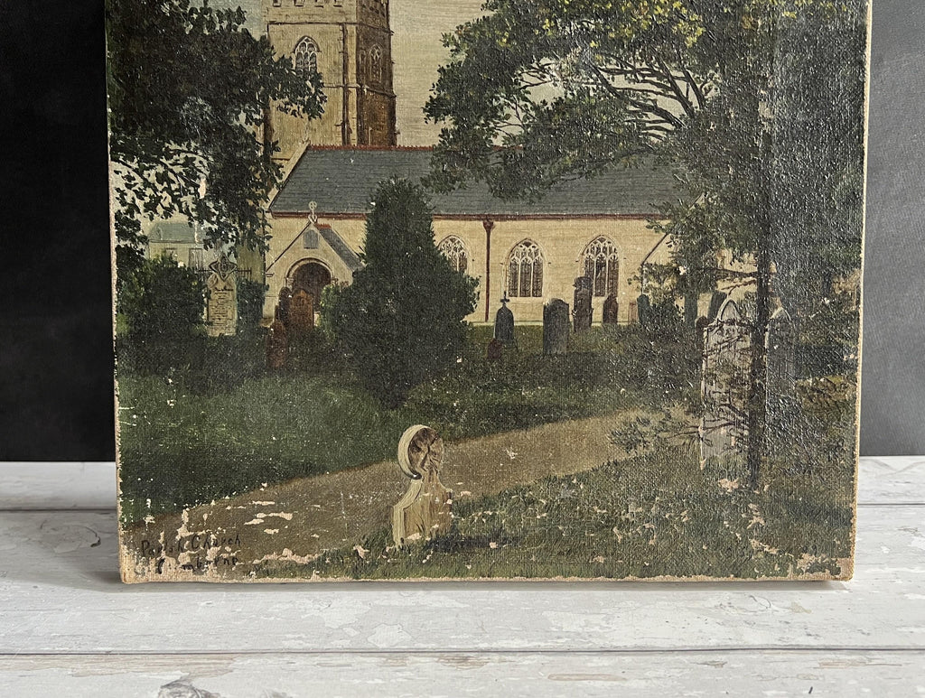 Antique Cornish Church Painting Naïve Folk Art Oil on Canvas 1899
