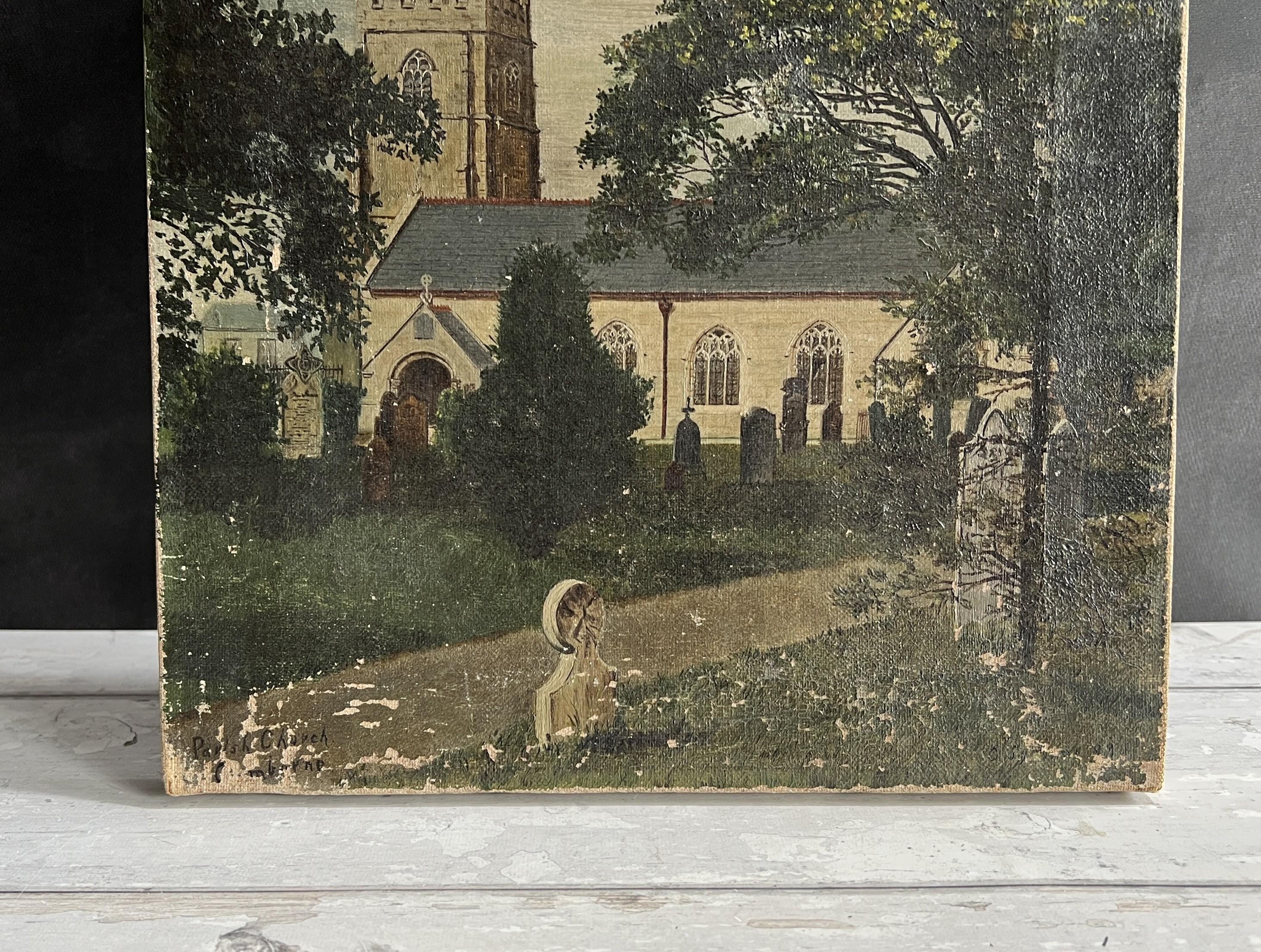 Antique Cornish Church Painting Naïve Folk Art Oil on Canvas 1899