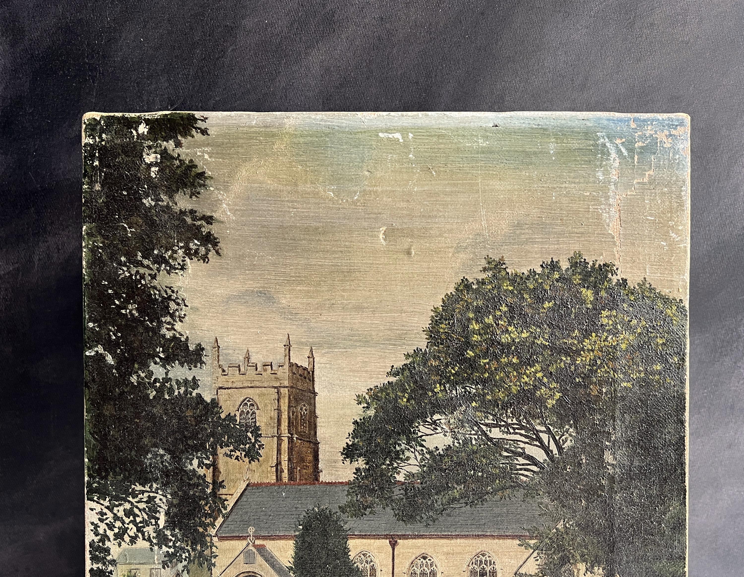 Antique Cornish Church Painting Naïve Folk Art Oil on Canvas 1899