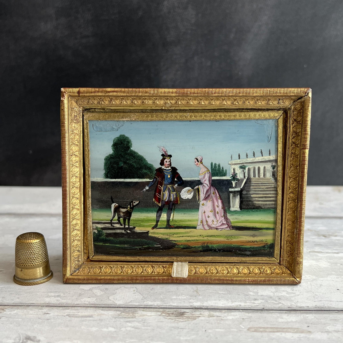 Antique Georgian Bonbon Box Hand Coloured Couple & Dog Scene C 1820