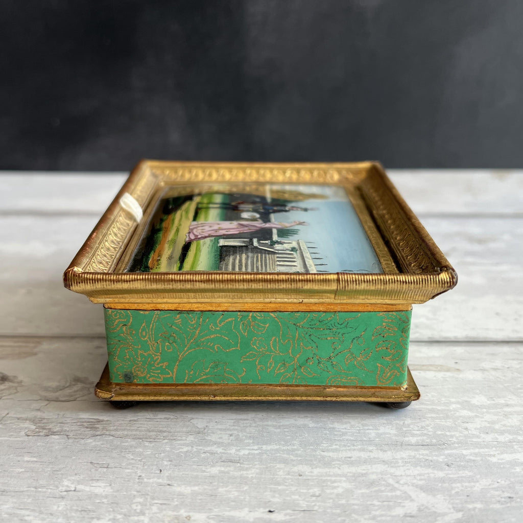 Antique Georgian Bonbon Box Hand Coloured Couple & Dog Scene C 1820