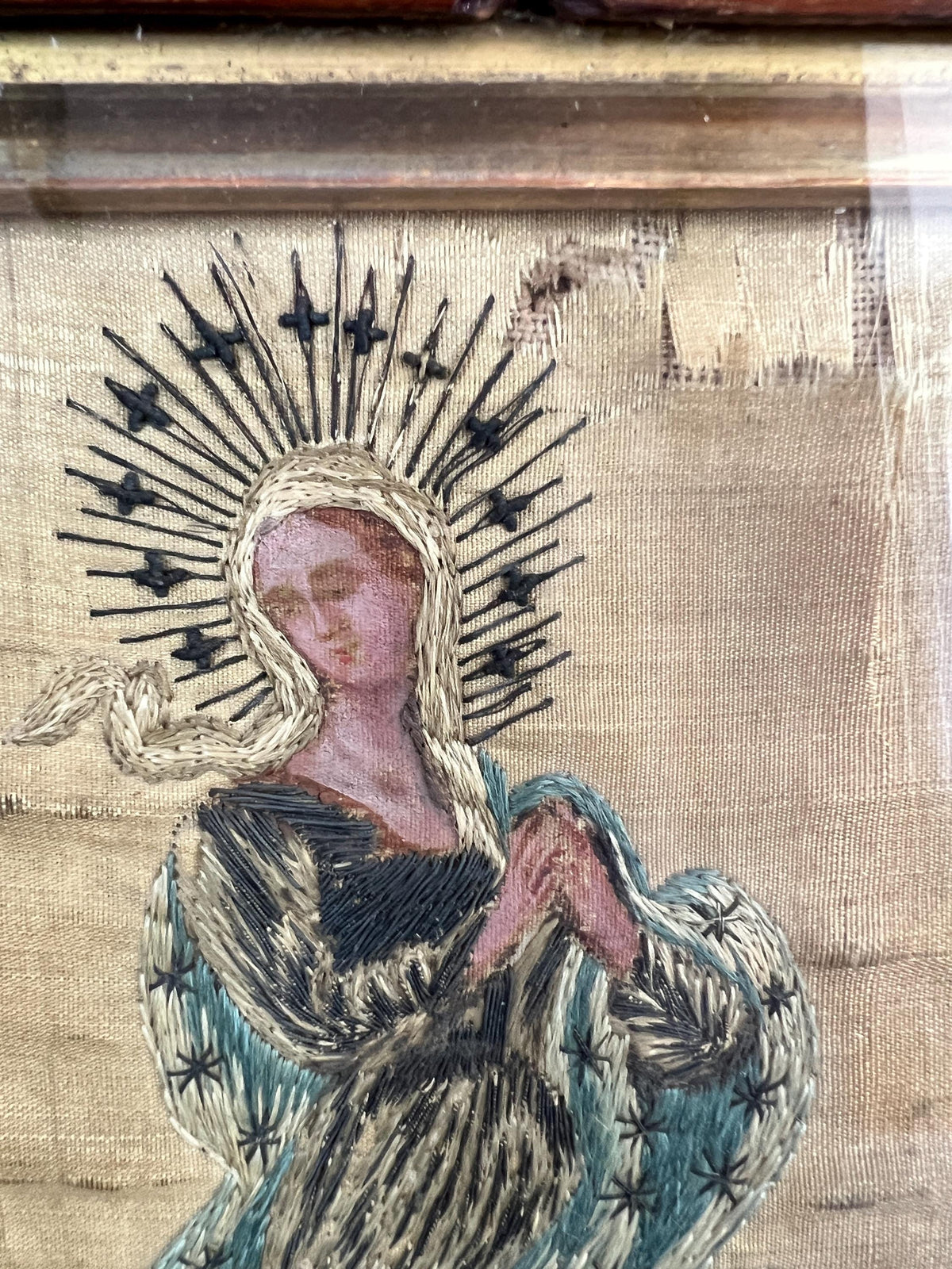 Antique 18th Century Silkwork Embroidery Needlework Circa 1740 Luxury Religious Gift Catholic
