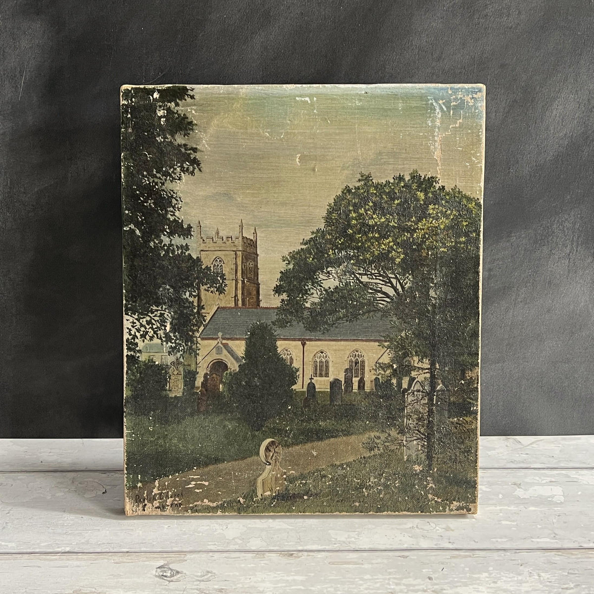 Antique Cornish Church Painting Naïve Folk Art Oil on Canvas 1899