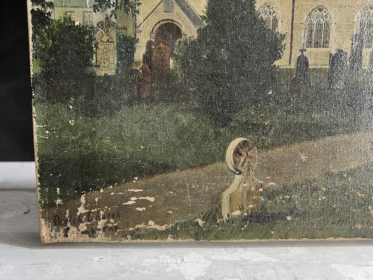 Antique Cornish Church Painting Naïve Folk Art Oil on Canvas 1899