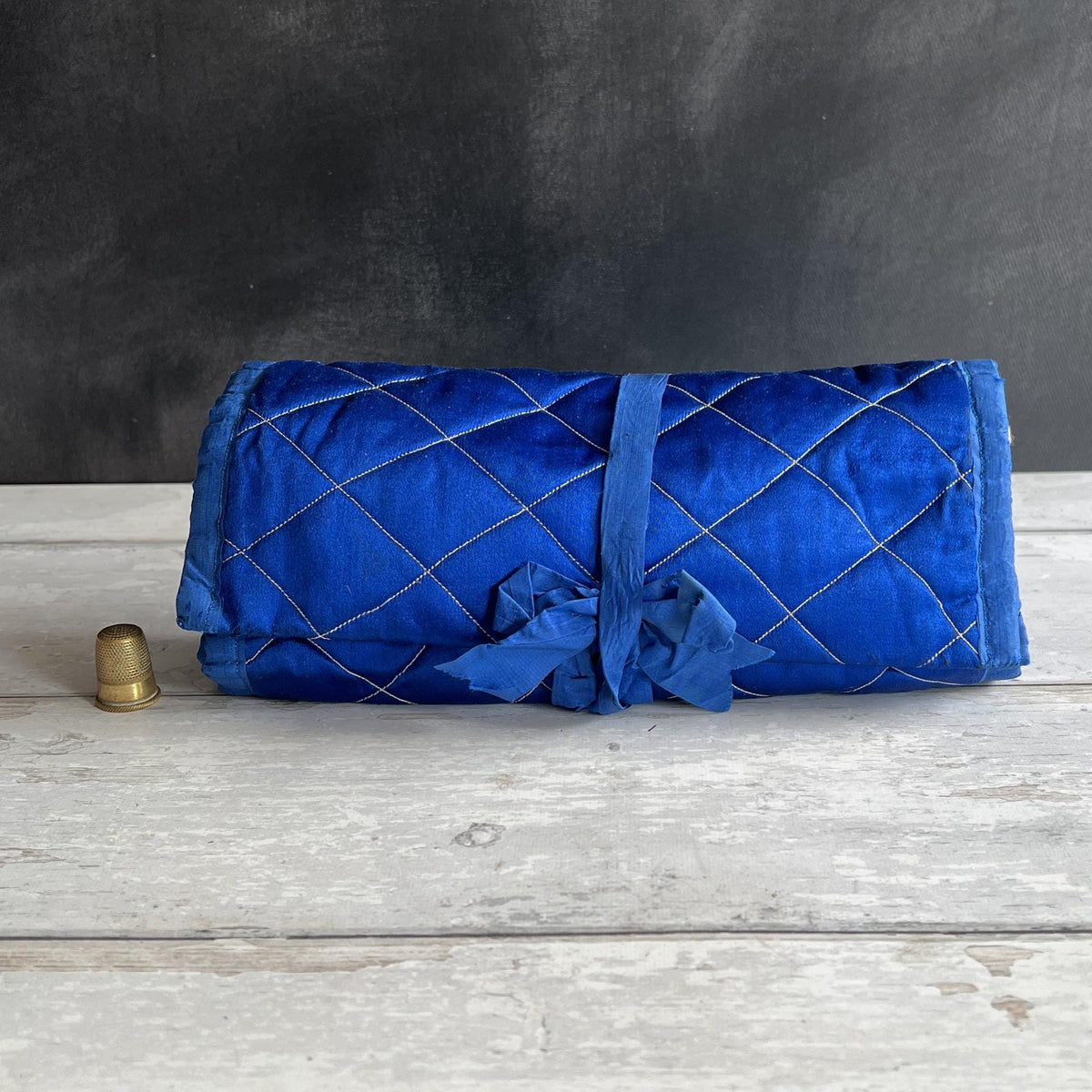 Victorian Sewing Roll Huusif Sewing Tool Roll-Up C 1890 Large Blue Silk Satin